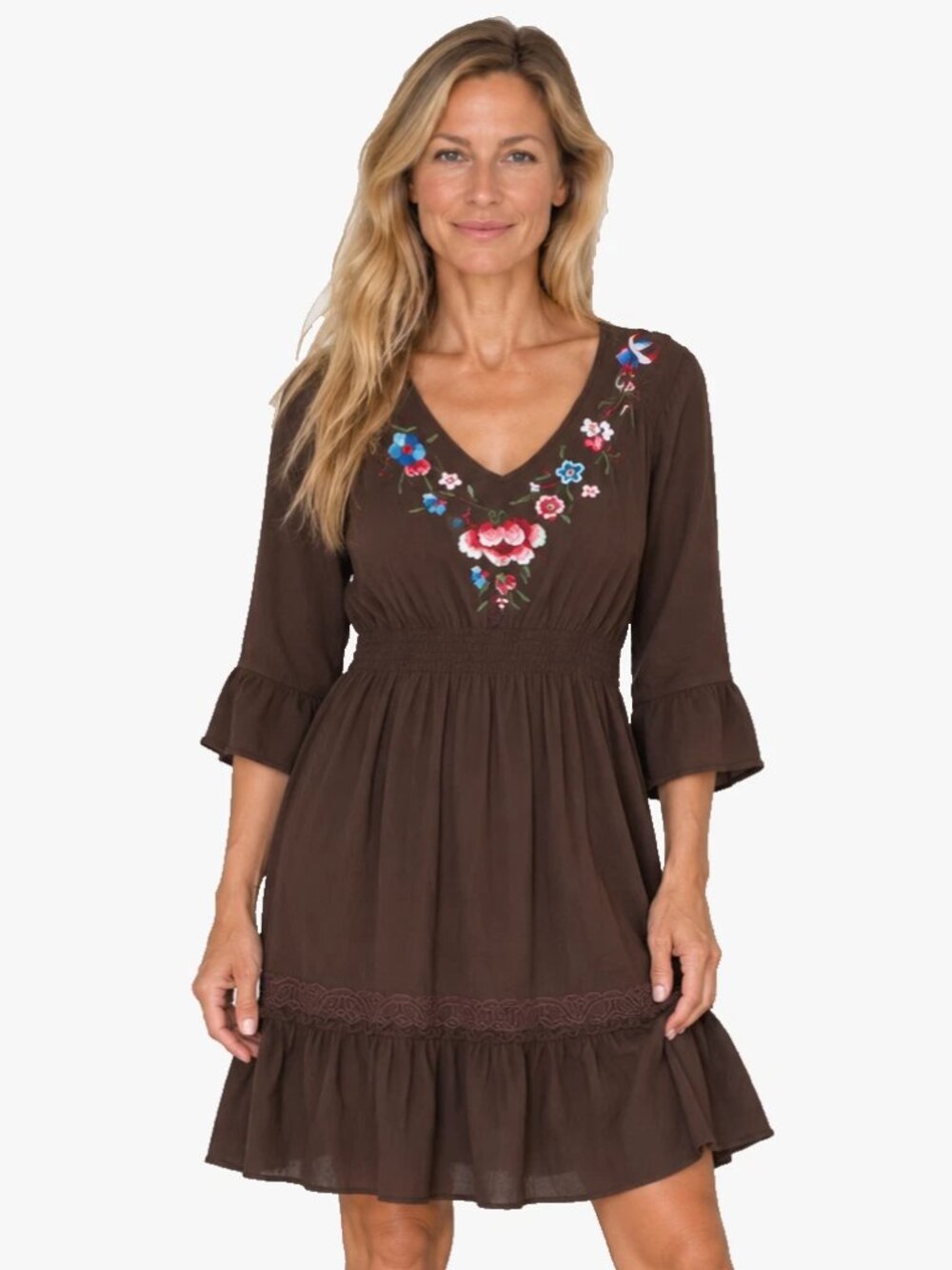 Johnny Was JWLA Brown Floral Roses Embroidered 3/4 Sleeve Ruffled Dress L Large
